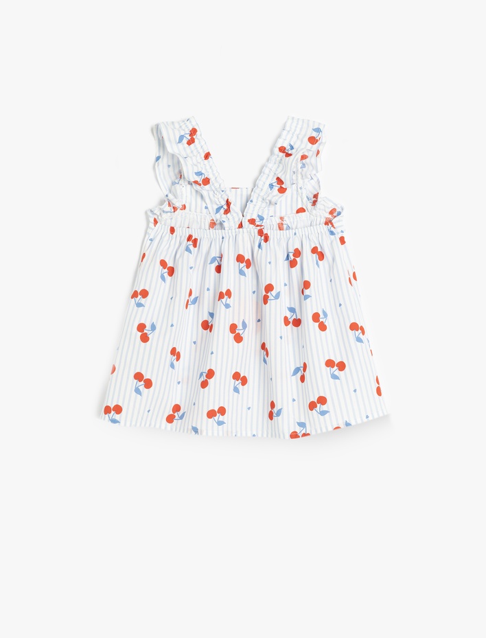 Kız Bebek Kare Yaka Fırfır Detaylı Kiraz Baskılı Pamuklu Bluz