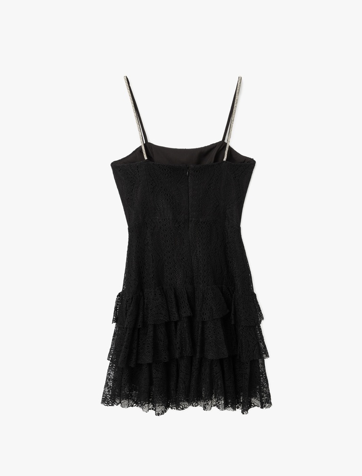  Kare Yaka Taş Detaylı Askılı Dantelli Volanlı Mini Abiye Elbise