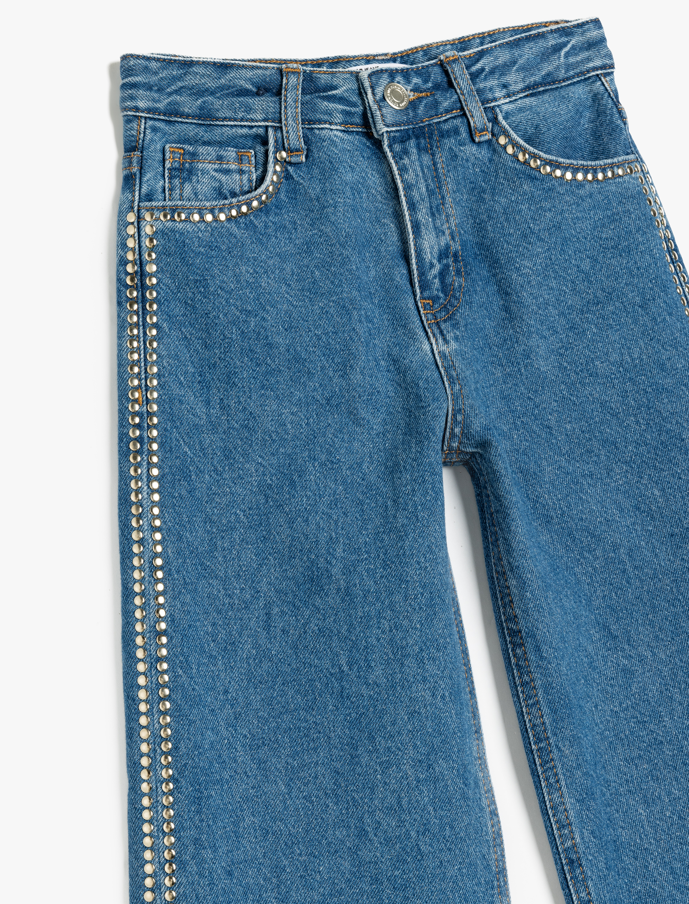  Kız Çocuk Taş Detaylı Pamuklu Bol Paça Denim Pantolon