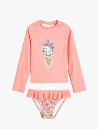 Fırfır Detaylı Unicorn Baskılı Uzun Kollu Bikini Seti
