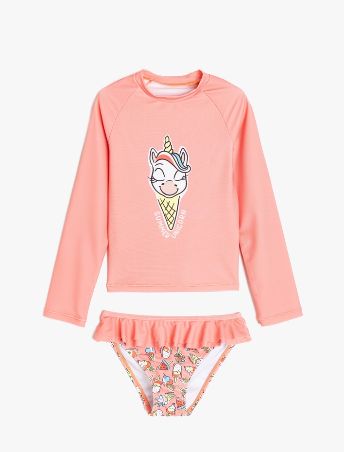 Kız Çocuk Fırfır Detaylı Unicorn Baskılı Uzun Kollu Bikini Seti