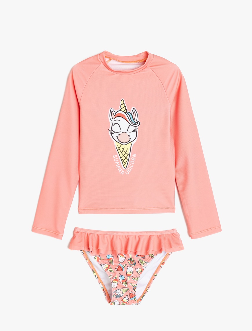  Kız Çocuk Fırfır Detaylı Unicorn Baskılı Uzun Kollu Bikini Seti