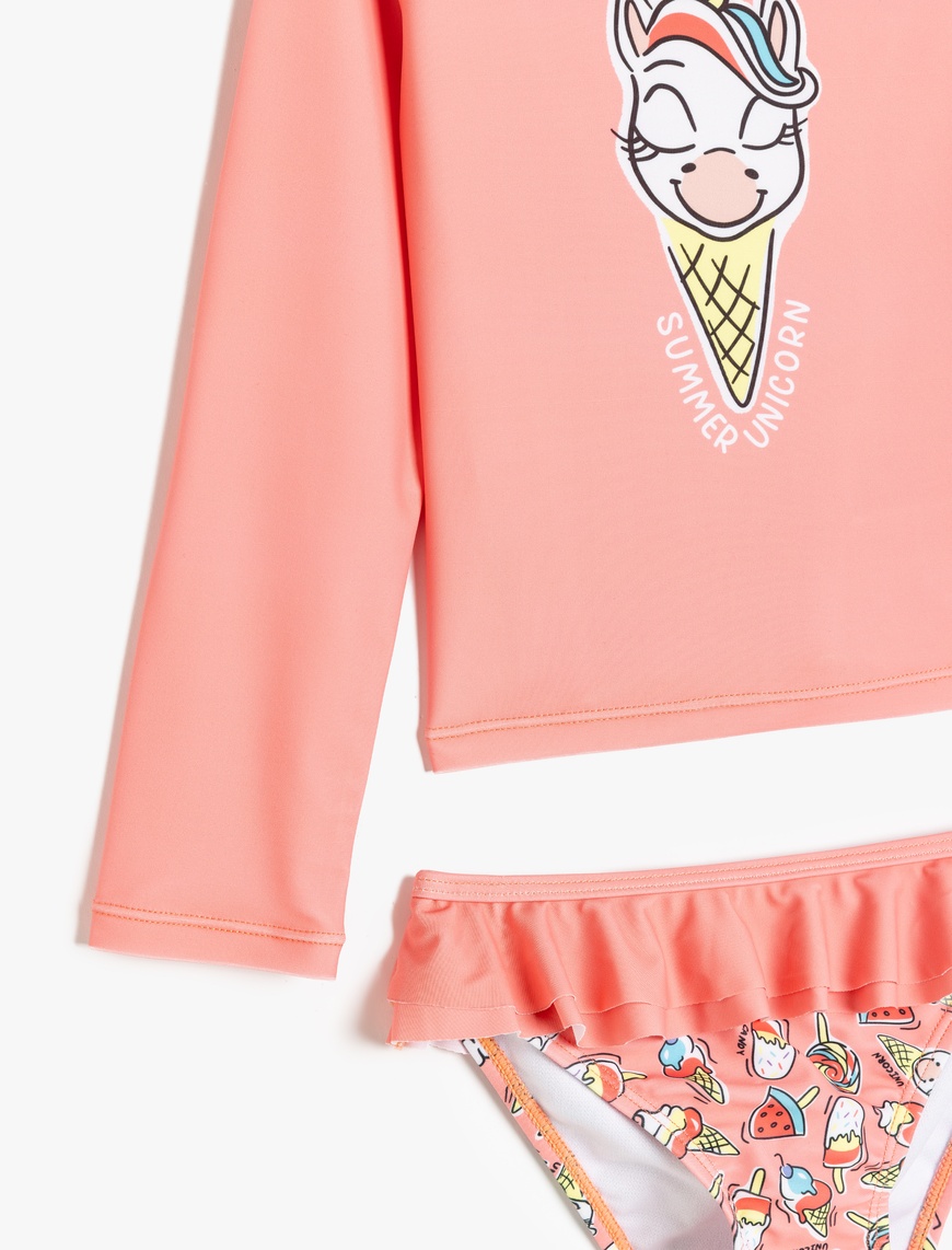  Kız Çocuk Fırfır Detaylı Unicorn Baskılı Uzun Kollu Bikini Seti