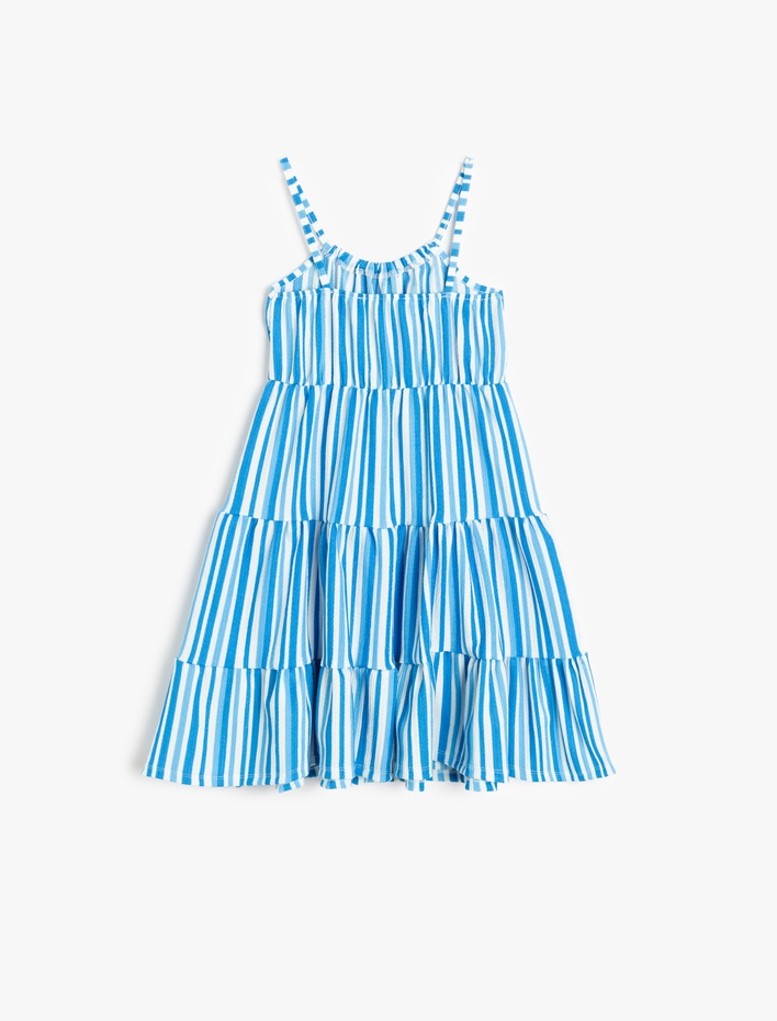 Kız Çocuk Kat Detaylı Çizgili Midi Boy Askılı Elbise