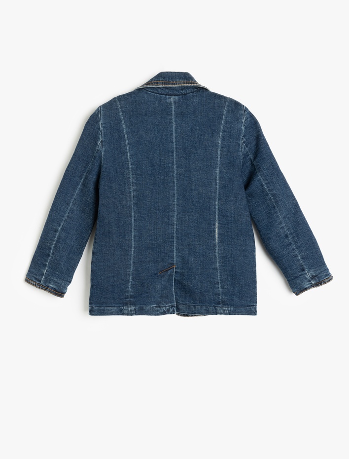 Kız Çocuk Pamuklu Uzun Kollu Cep Detaylı Kruvaze Yaka Denim Ceket