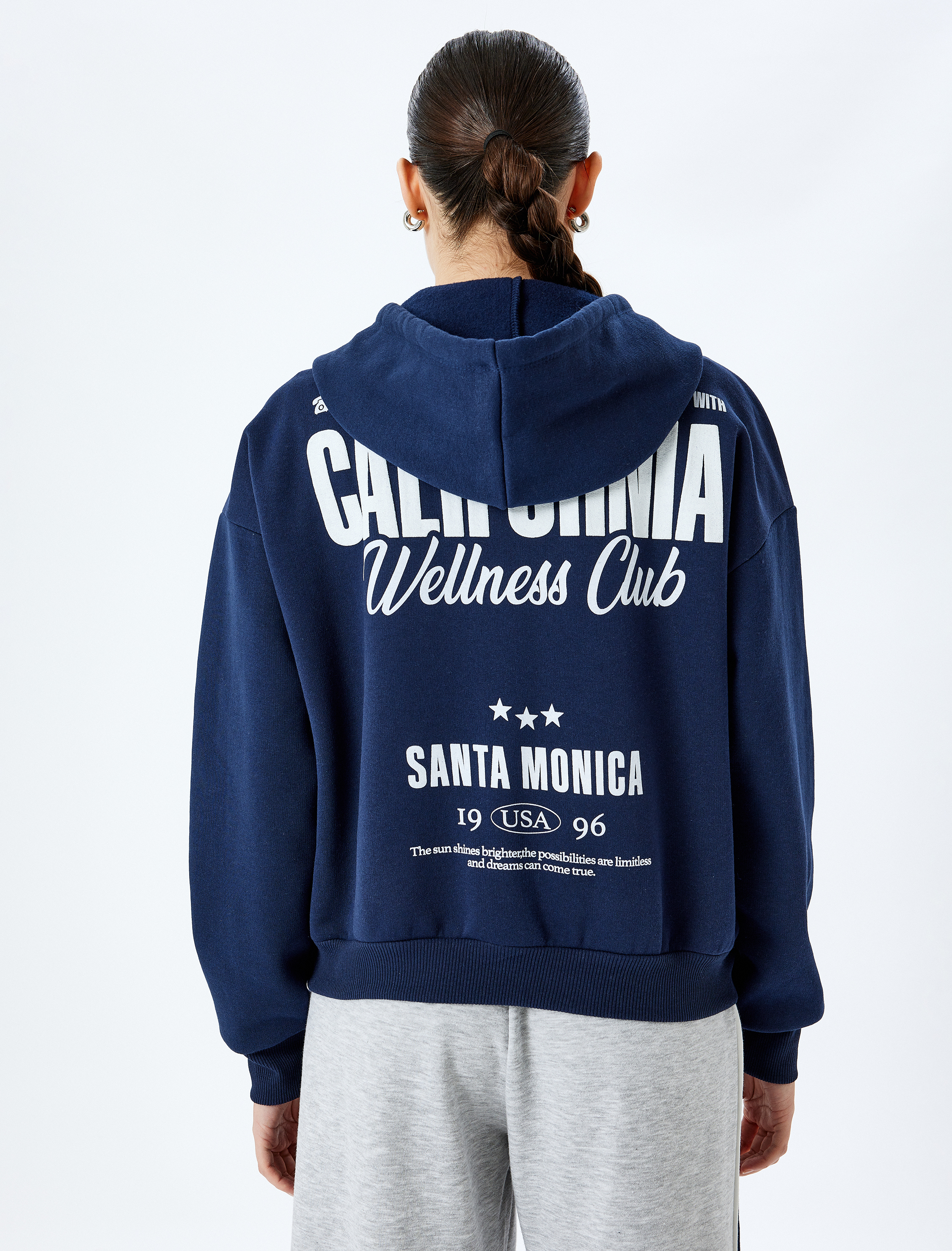   Şardonlu Kapüşonlu Fermuarlı Kolej Baskılı Kanguru Cepli Sweatshirt