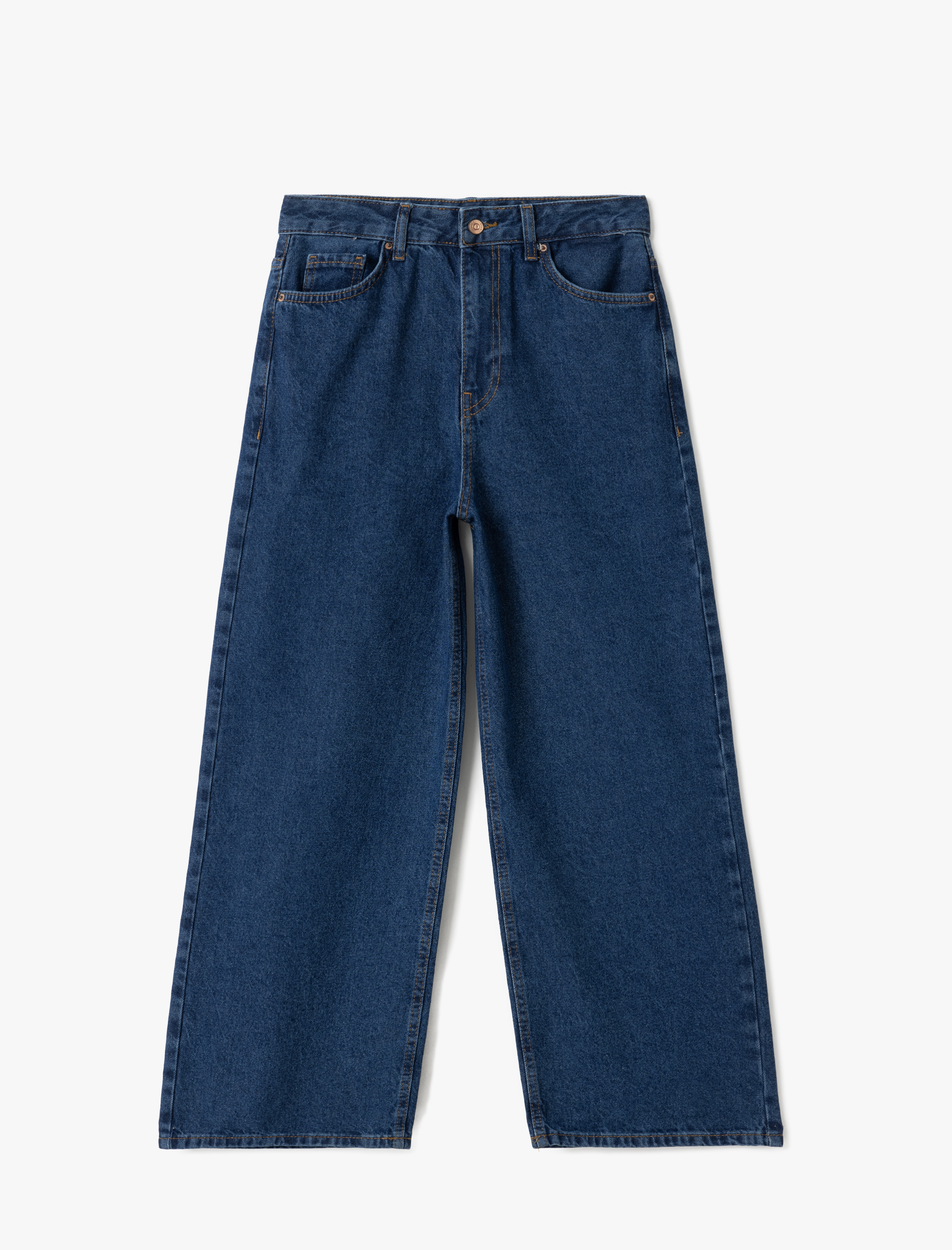   Yüksek Bel Düğmeli Cepli Kısa Geniş Paça Denim Pantolon -  Crop Wide Leg Jeans