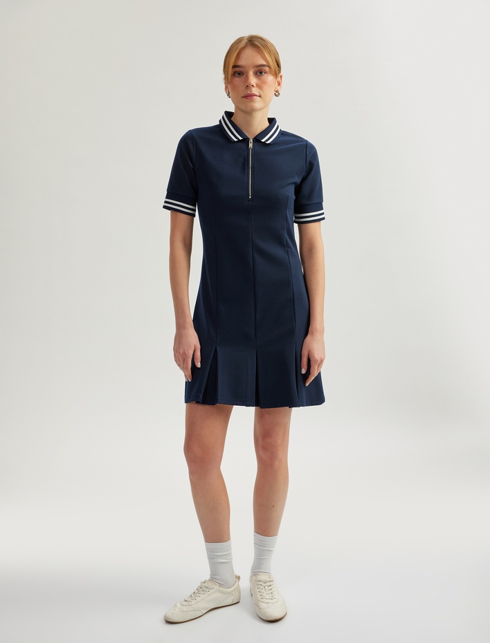  Slim Fit Kısa Kollu Yarım Fermuar Detaylı Mini Polo Yaka Elbise