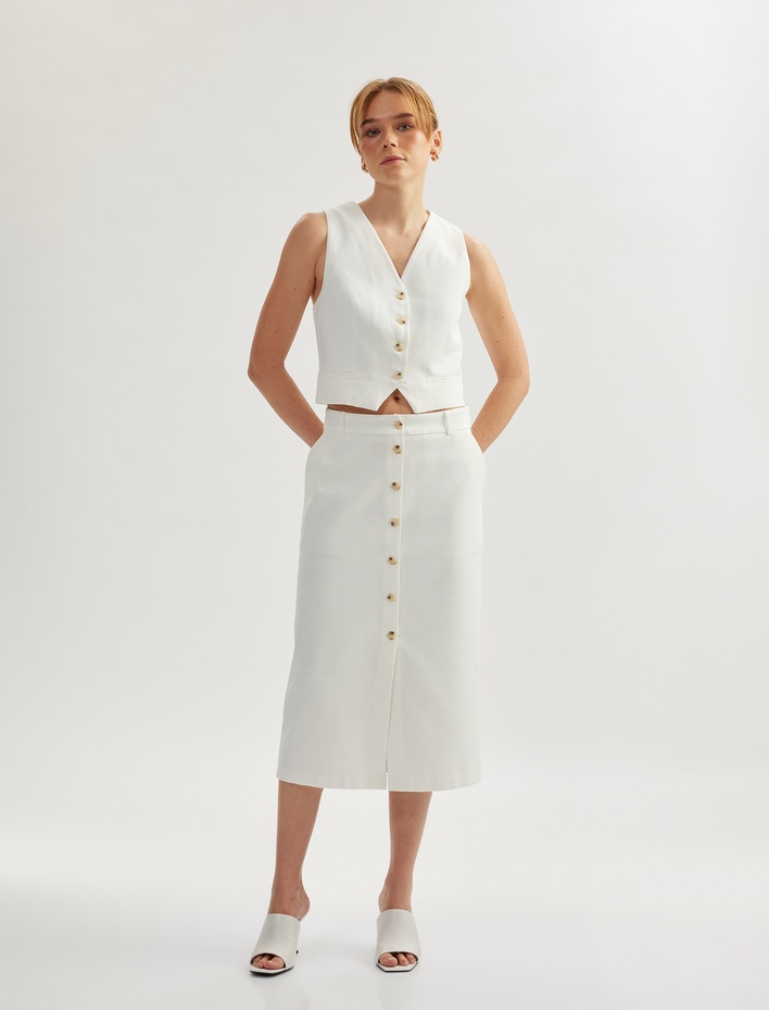  Pamuklu Viskon Kumaş V Yaka Düğmeli Kolsuz Yelek