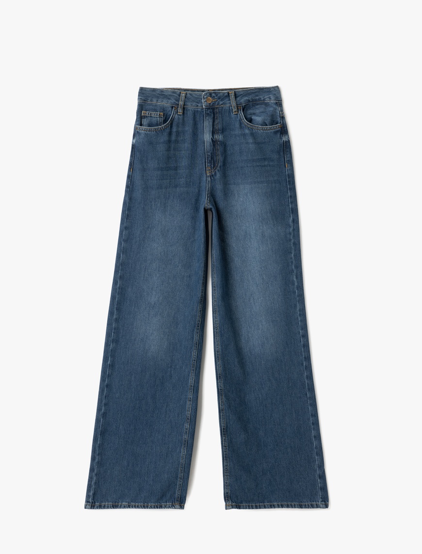   Yüksek Bel Düğmeli Geniş Paça Cepli Kot Pantolon - Wide Leg Jeans