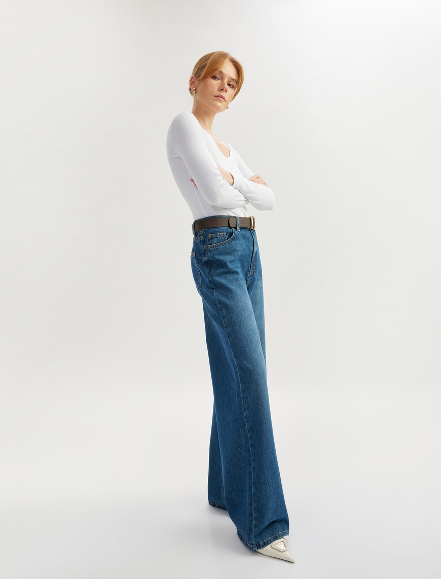   Yüksek Bel Düğmeli Geniş Paça Cepli Kot Pantolon - Wide Leg Jeans