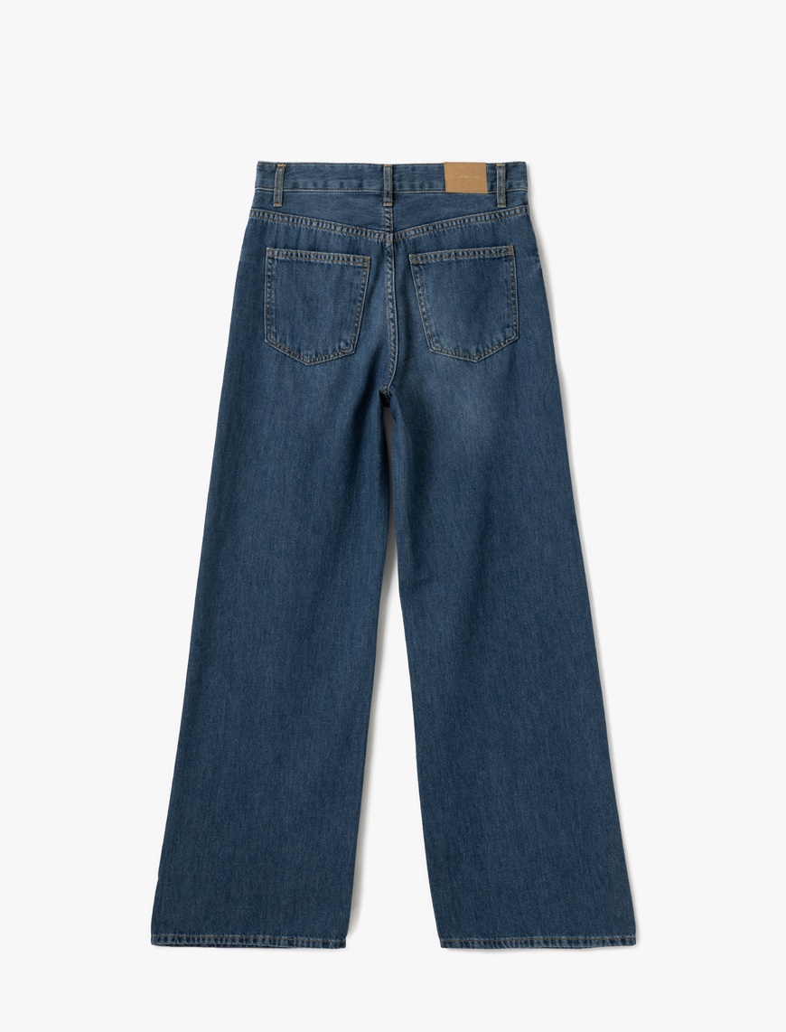   Yüksek Bel Düğmeli Geniş Paça Cepli Kot Pantolon - Wide Leg Jeans