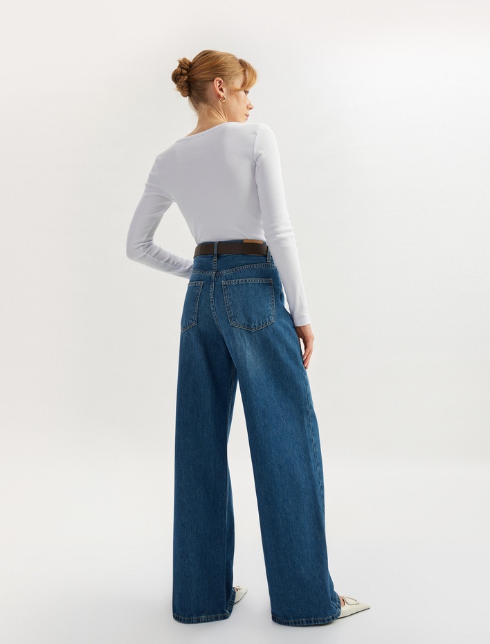  Yüksek Bel Düğmeli Geniş Paça Cepli Kot Pantolon - Wide Leg Jeans