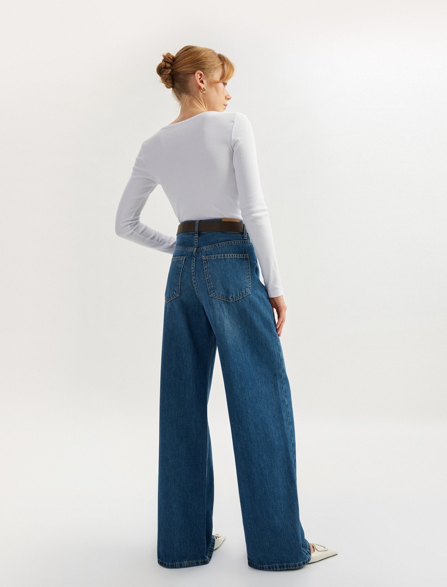   Yüksek Bel Düğmeli Geniş Paça Cepli Kot Pantolon - Wide Leg Jeans