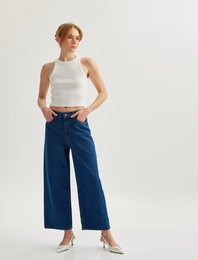 Yüksek Bel Düğmeli Cepli Geniş Paça Denim Pantolon -  Crop Wide Leg Jeans