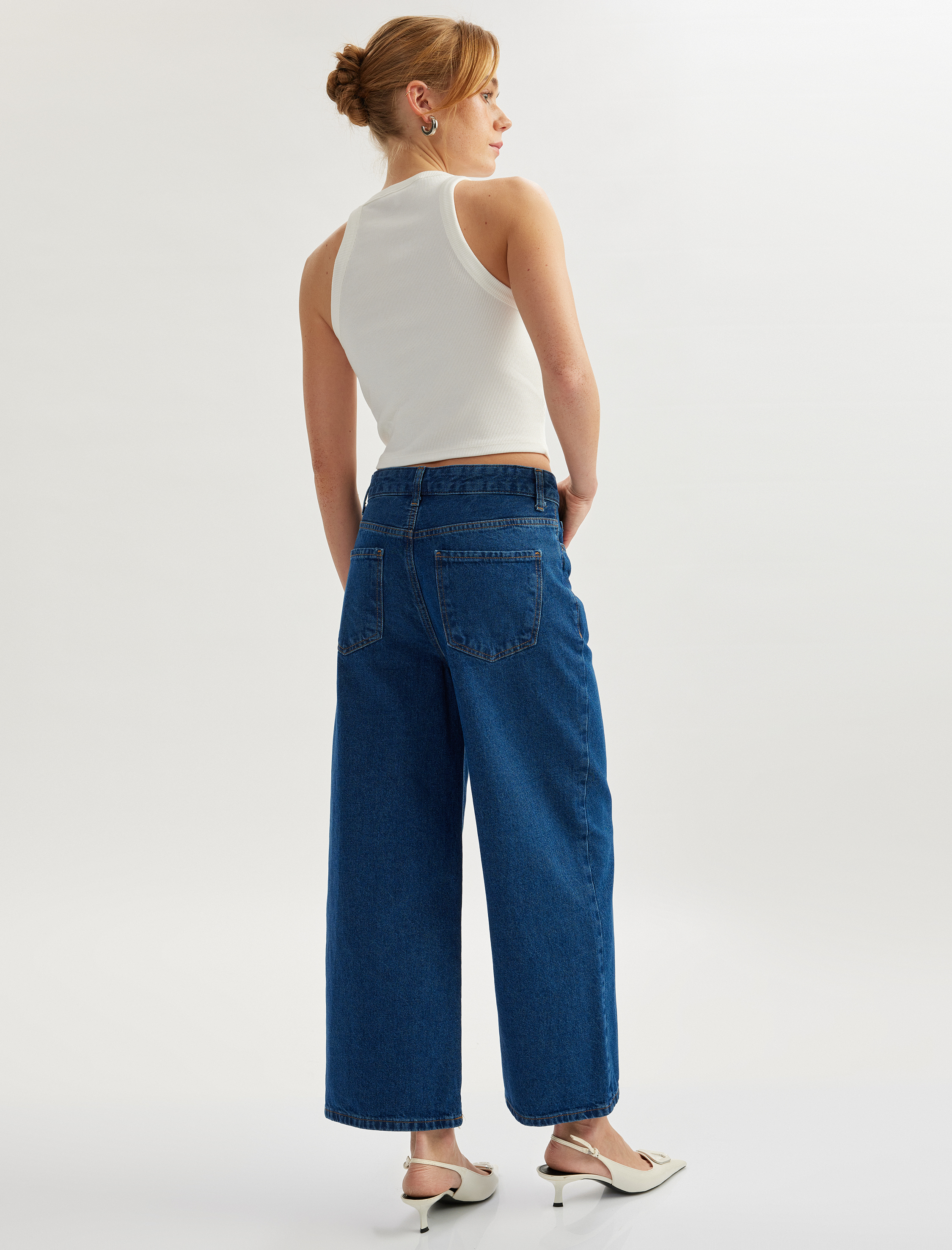  Yüksek Bel Düğmeli Cepli Kısa Geniş Paça Denim Pantolon -  Crop Wide Leg Jeans