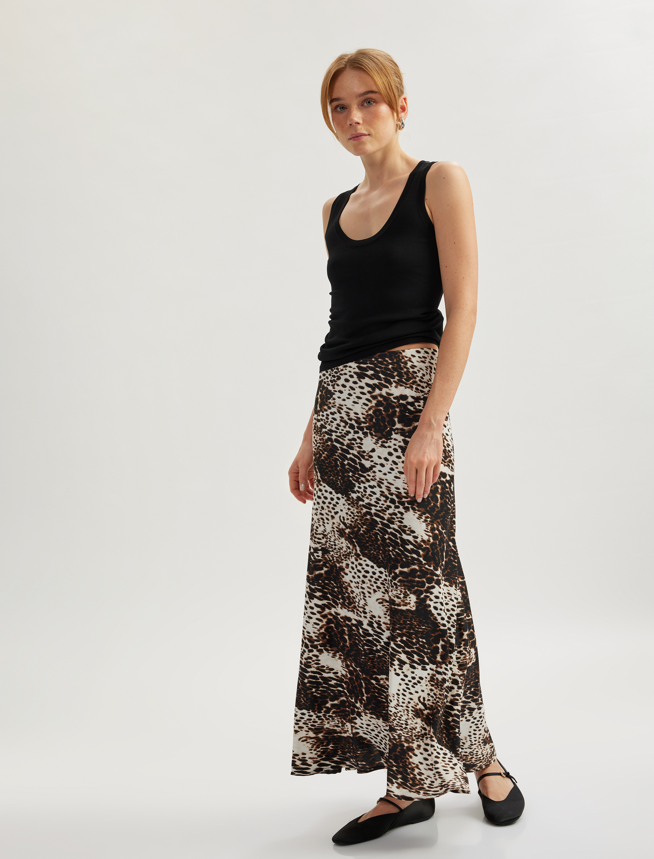   Standart Bel Leopar Desenli Uzun Kloş Saten Etek