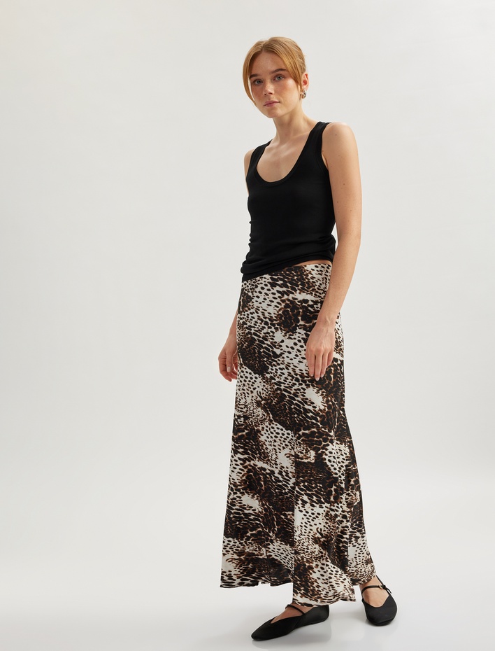  Standart Bel Leopar Desenli Uzun Kloş Saten Etek
