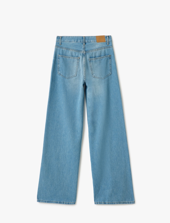  Yüksek Bel Düğmeli Geniş Paça Cepli Kot Pantolon - Wide Leg Jeans