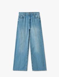 Yüksek Bel Düğmeli Geniş Paça Cepli Kot Pantolon - Wide Leg Jeans