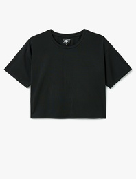 Kısa Kollu Bisiklet Yaka Rahat Kalıp Crop Spor Tişört