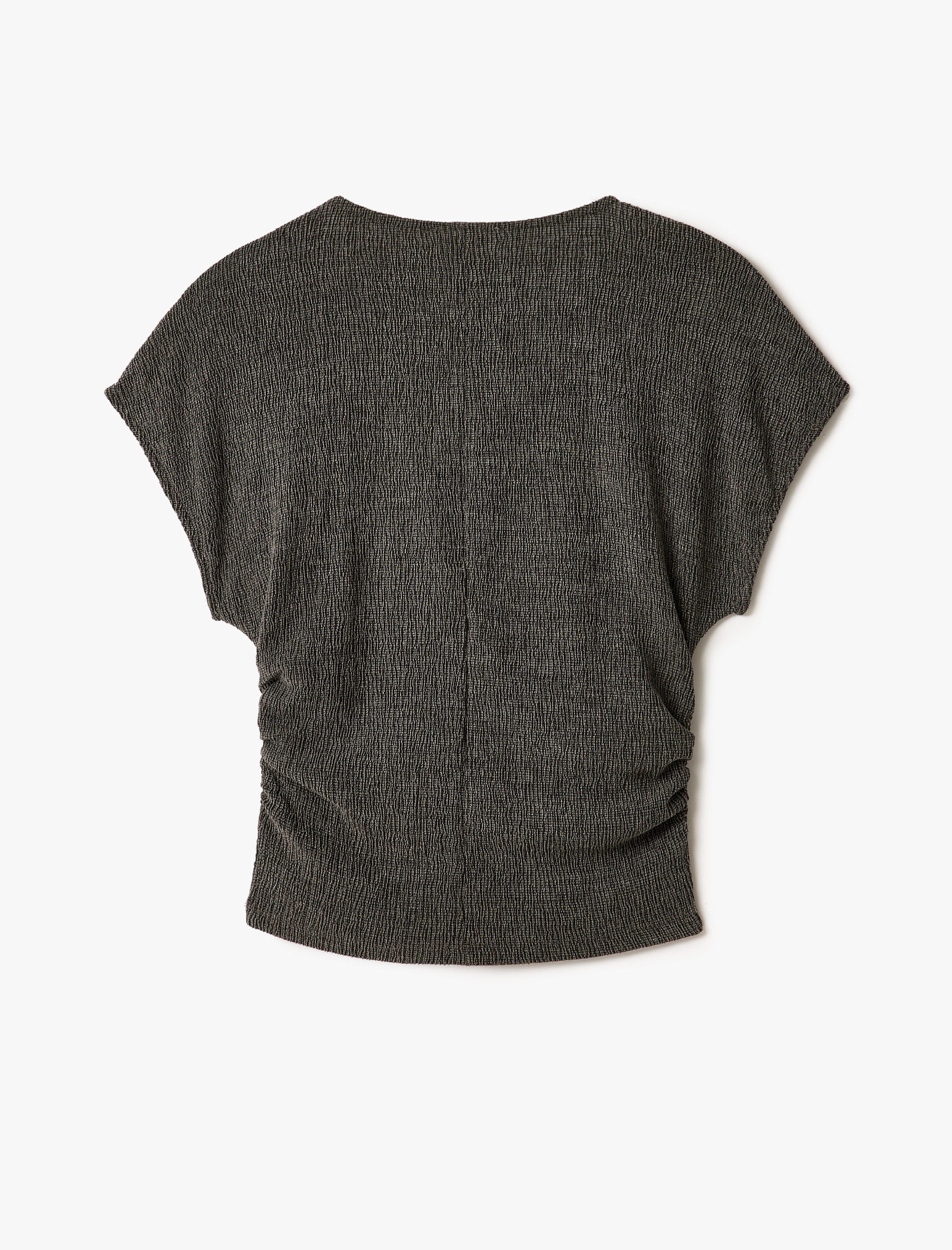   Drape Detaylı Kısa Yarasa Kollu Bisiklet Yaka Slim Fit Dokulu Tişört