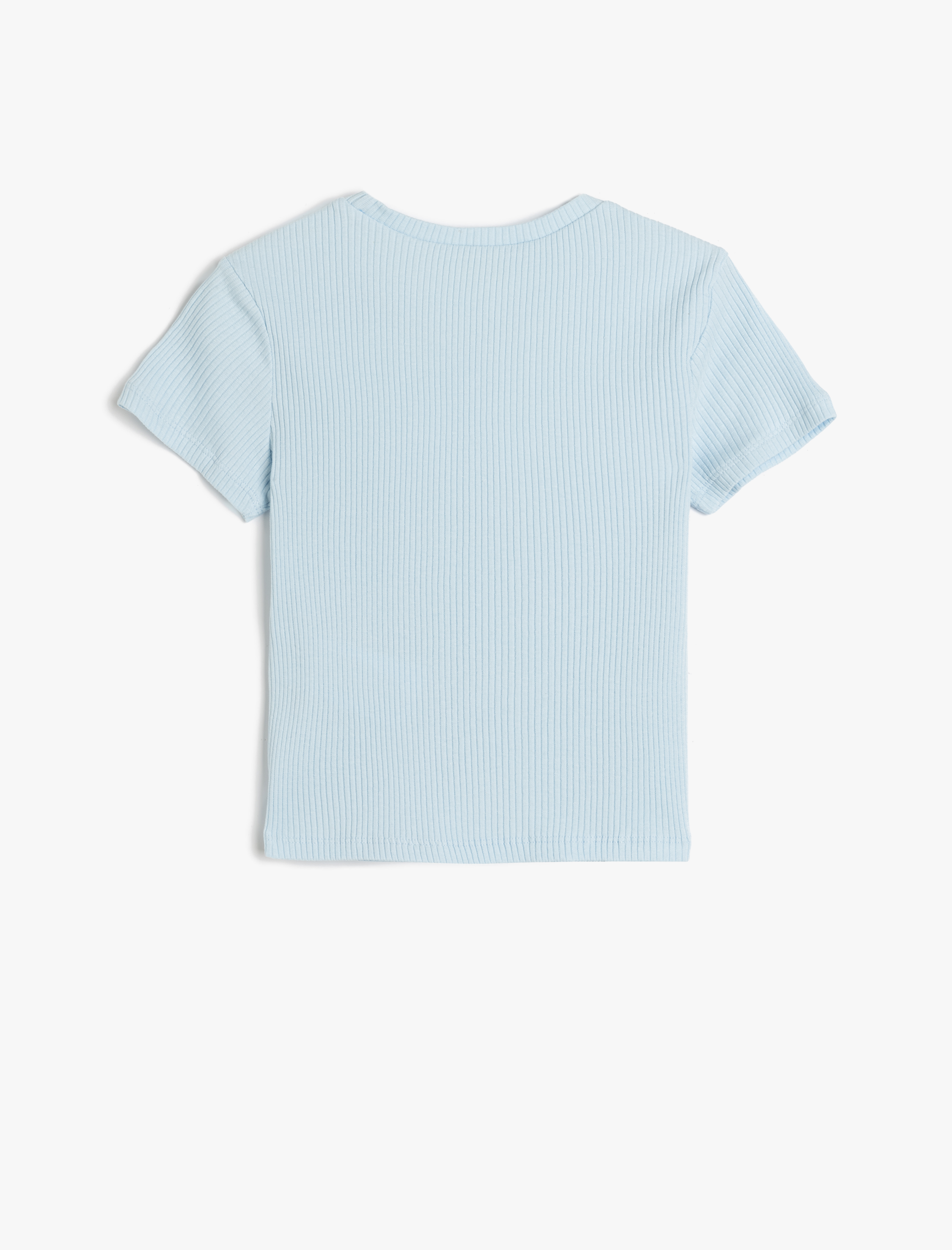  Kız Çocuk Kelebek Nakış Detaylı Bisiklet Yaka Ribanalı Pamuklu Crop Tişört