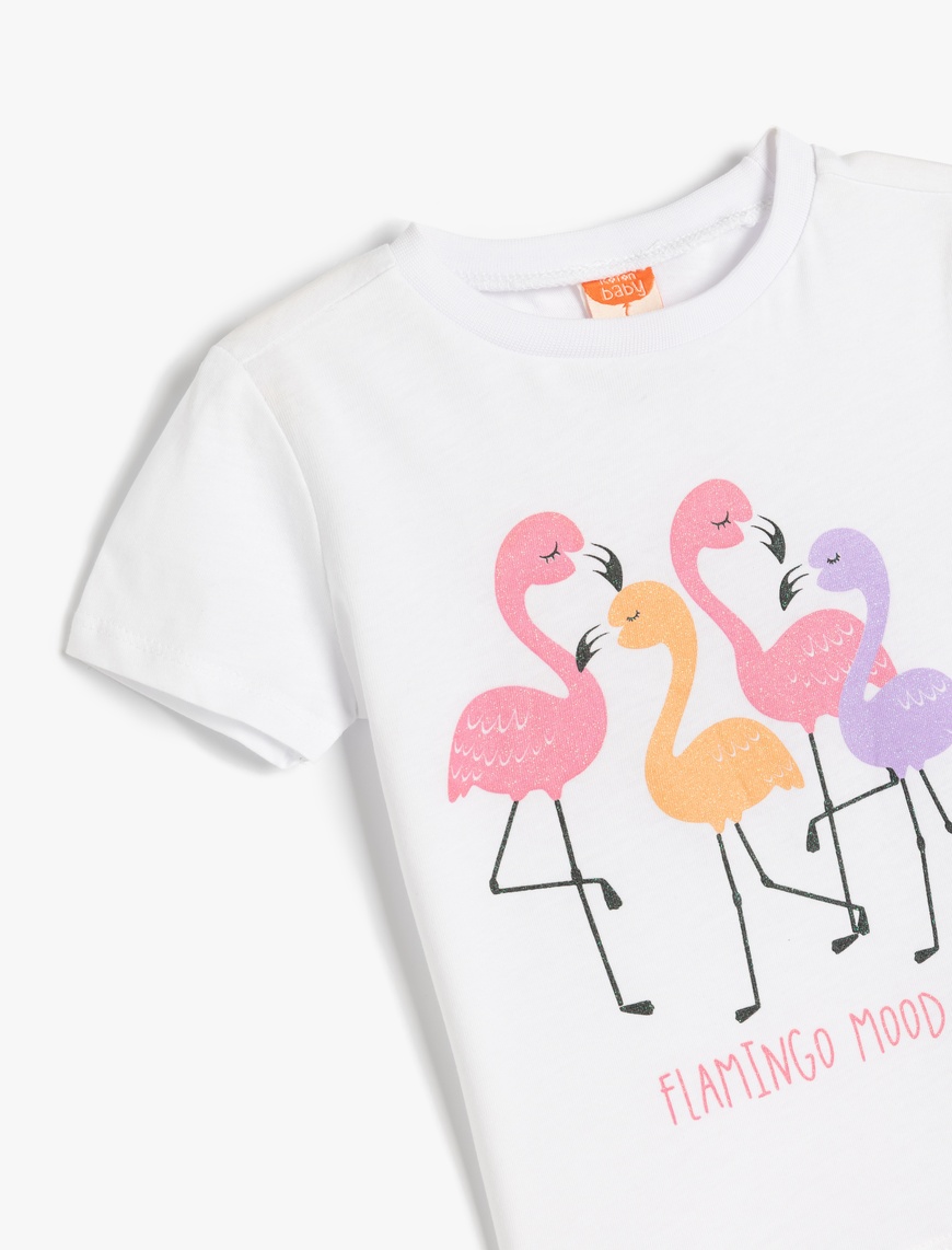  Kız Bebek Flamingo Baskılı Bisiklet Yaka Pamuklu Kısa Kollu Tişört