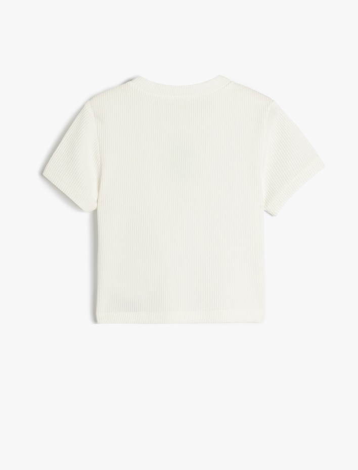 Kız Çocuk Bisiklet Yaka Kısa Kollu Ananas Pencere Detaylı Crop Tişört