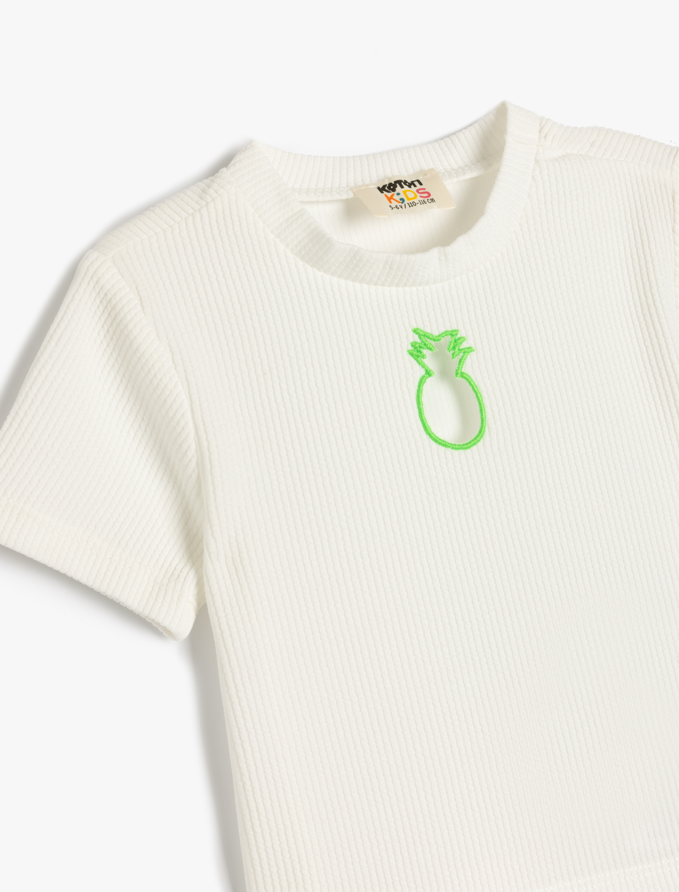  Kız Çocuk Bisiklet Yaka Kısa Kollu Ananas Pencere Detaylı Crop Tişört