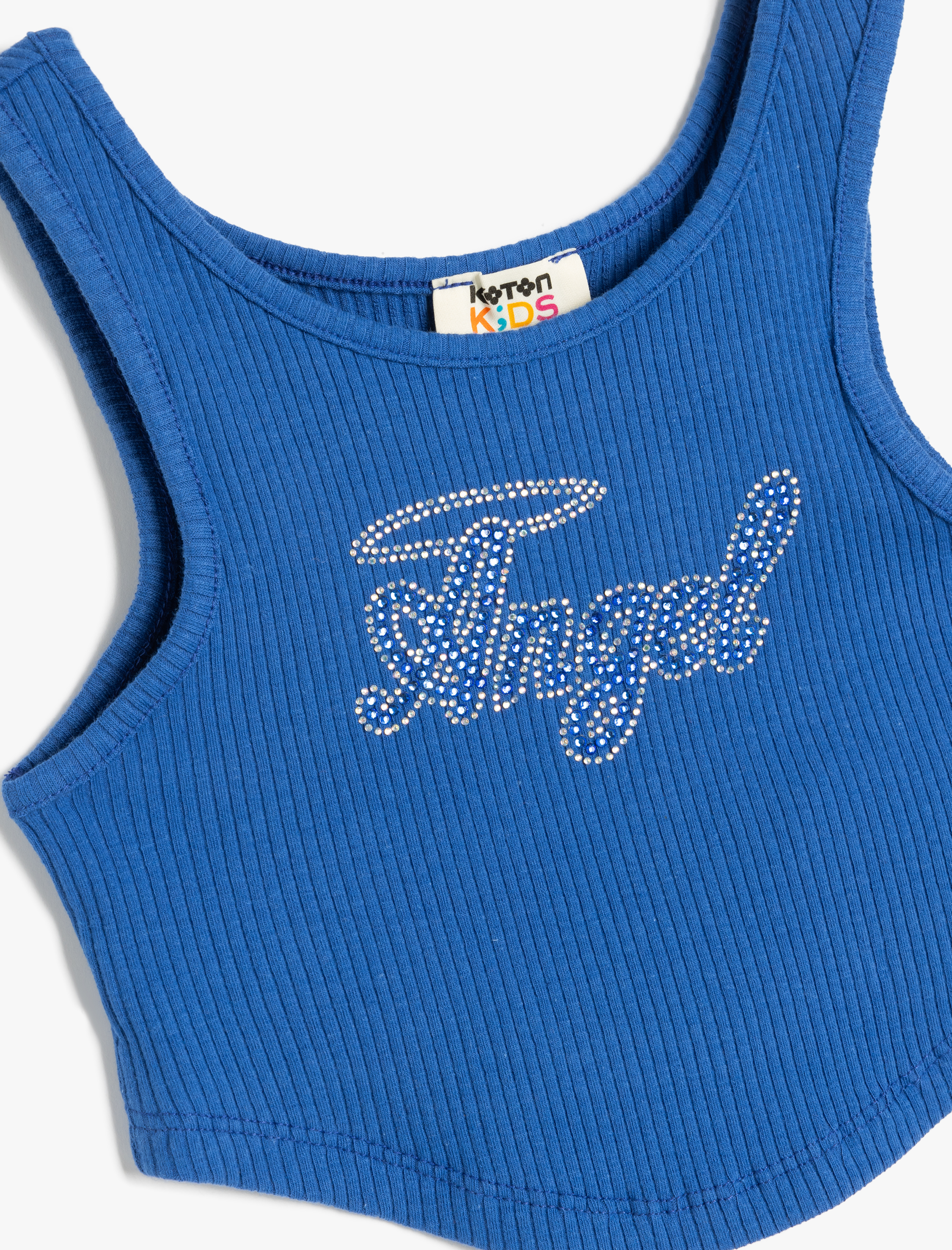  Kız Çocuk Ribanalı Slogan Baskılı Taş Detaylı Yuvarlak Yaka Pamuklu Crop Atlet