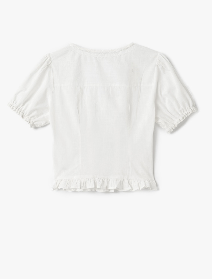  Balon Kol U Yaka Fiyonk Detaylı Fırfırlı Bluz