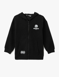 Palmiye Baskı Detaylı Kapşonlu Fermuarlı Sweatshirt