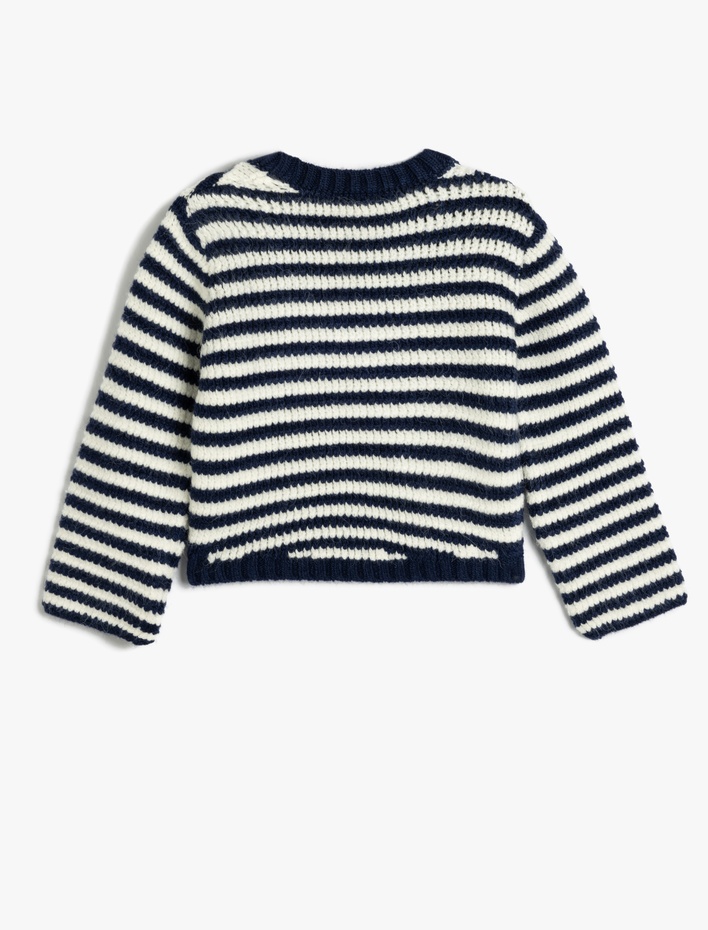 Kız Çocuk Düğme Detaylı V Yaka Uzun Kollu Çizgili Triko Hırka