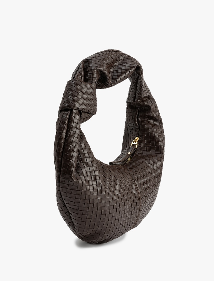 Kadın Dokulu Düğüm Detaylı Fermuarlı Omuz Çantası