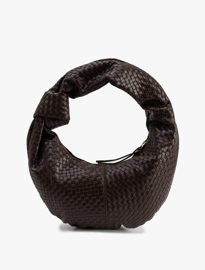 Kadın Dokulu Düğüm Detaylı Fermuarlı Omuz Çantası