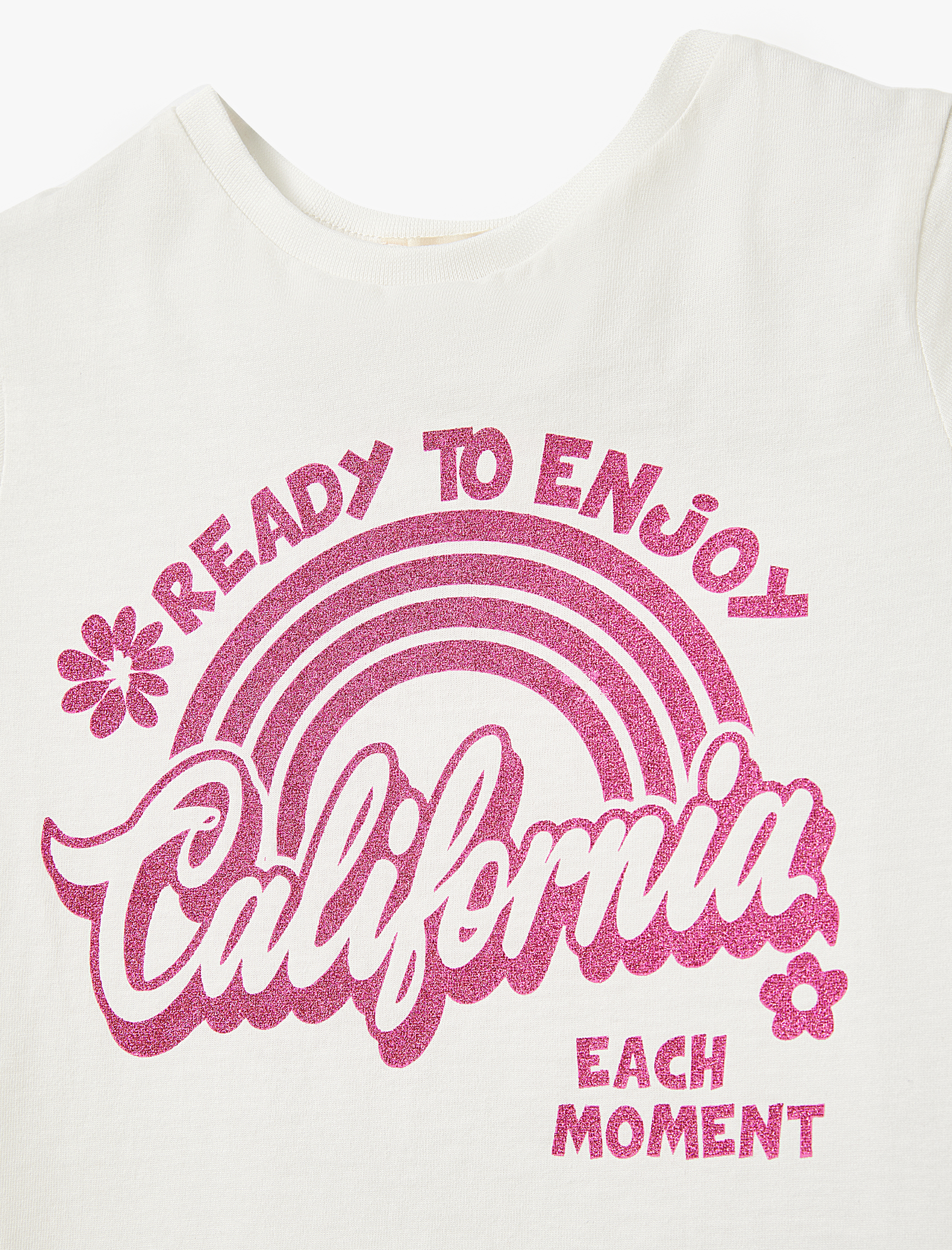  Kız Çocuk Slogan Baskılı Pamuklu Bisiklet Yaka Kısa Kollu Tişört