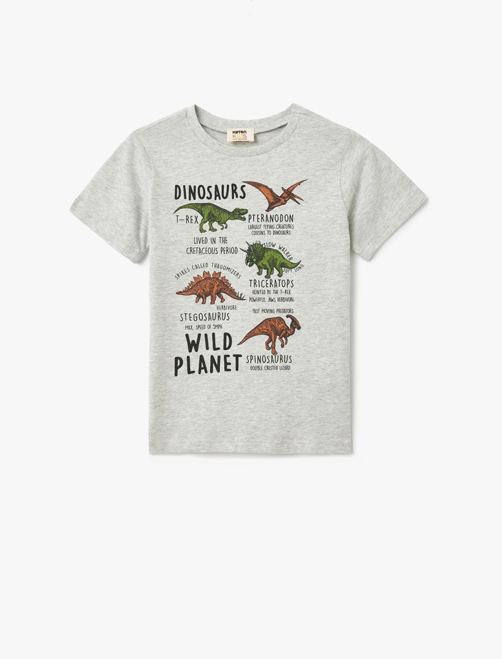 Erkek Çocuk Dinozor Baskılı Bisiklet Yaka Kısa Kollu Pamuklu Tişört