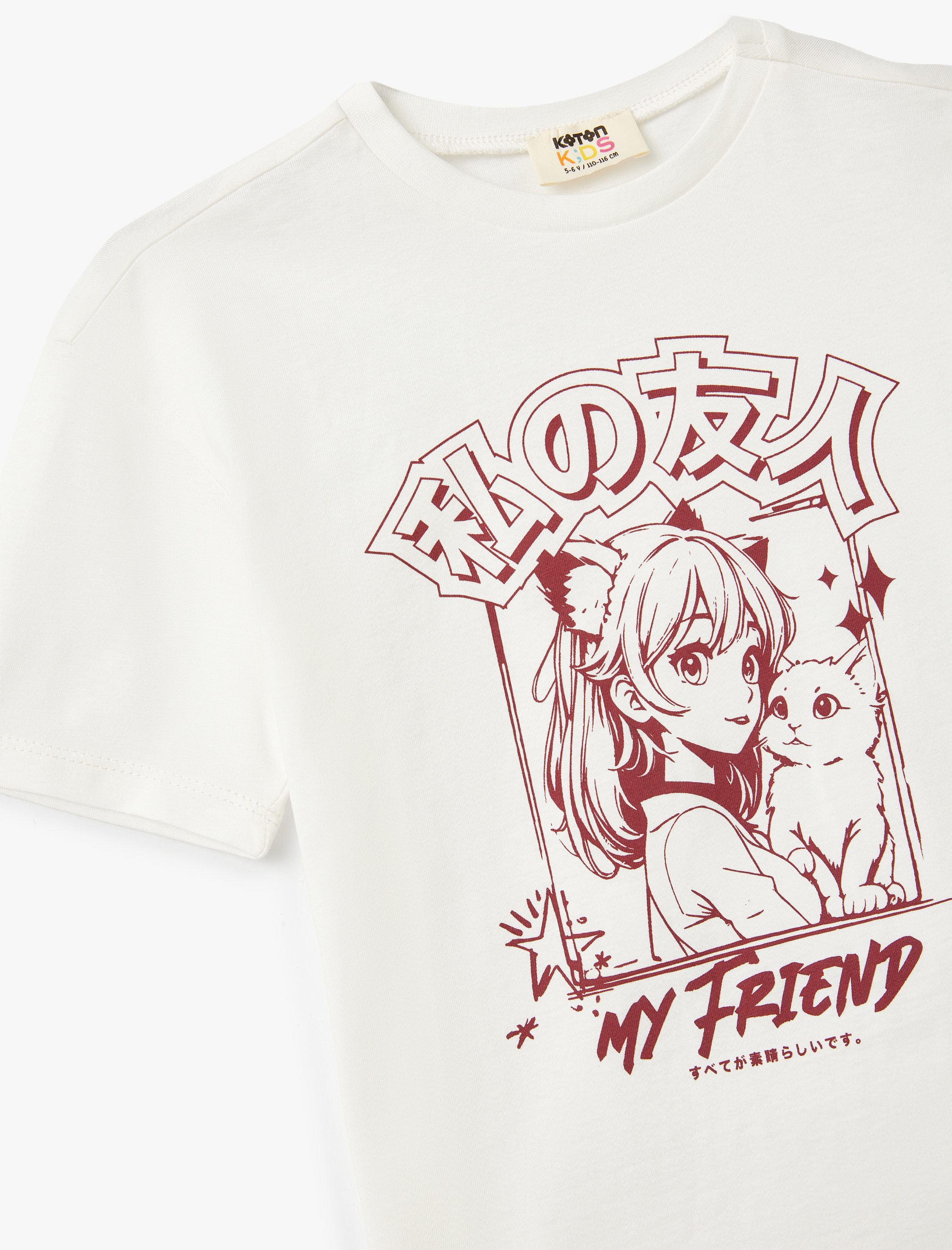  Kız Çocuk Pamuklu Anime Baskılı Bisiklet Yaka Kısa Kollu Tişört