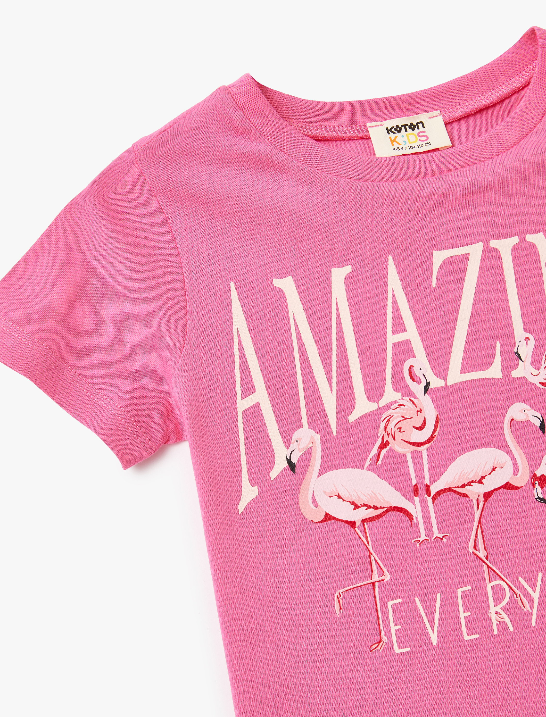  Kız Çocuk Pamuklu Bisiklet Yaka Kısa Kollu Flamingo Baskılı Tişört