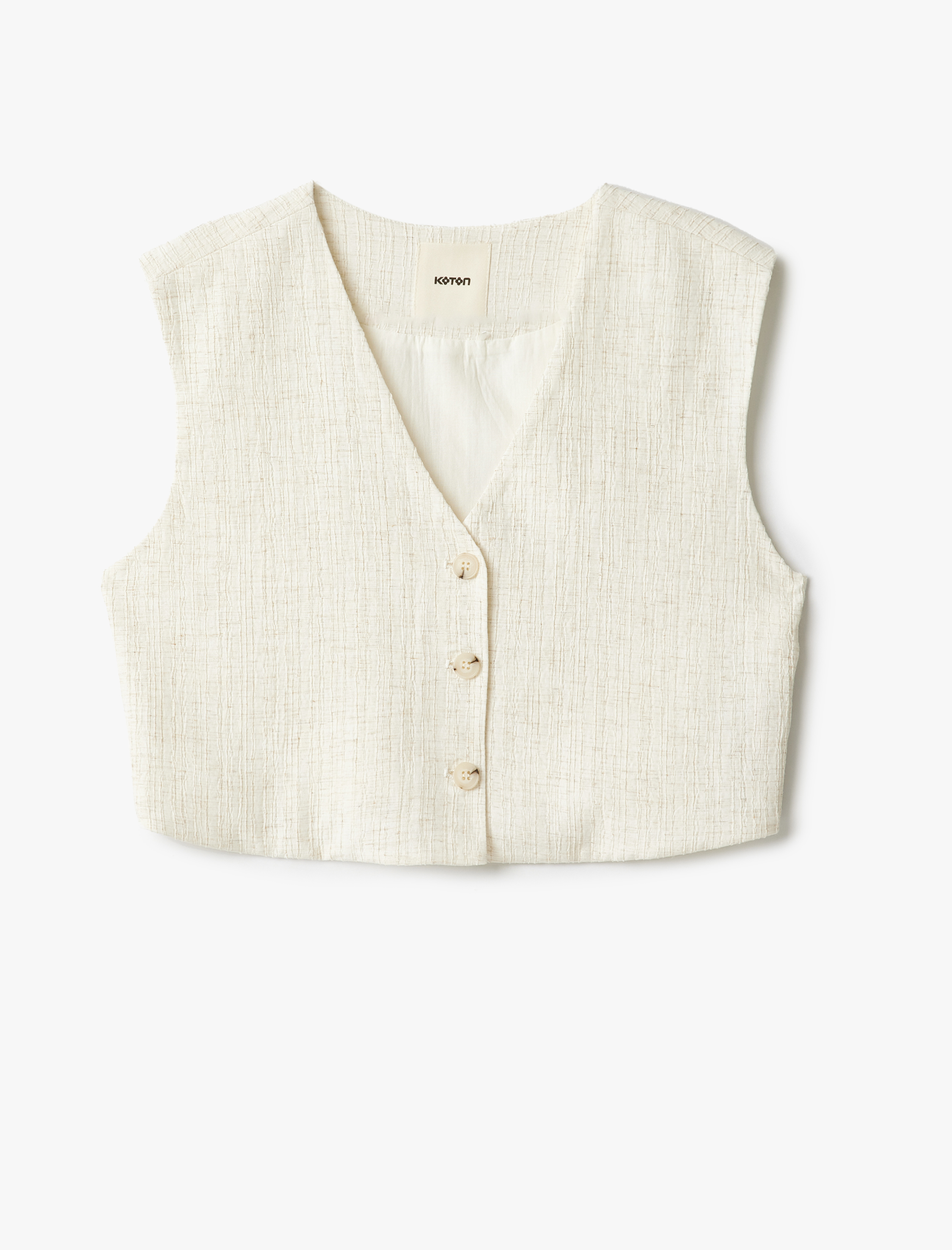 Koton Kadın Viskon Keten Karışımlı Düğmeli Crop Blazer Yelek -1