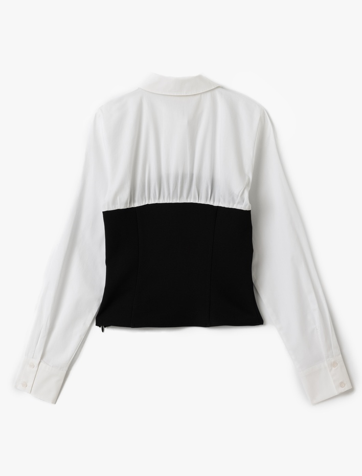  Pamuklu İki Farklı Kumaş Kullanımlı Slim Fit Uzun Kollu Gömlek Yaka Bluz