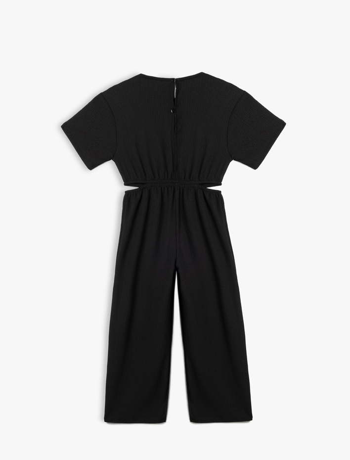 Kız Çocuk Kısa Kollu Bisiklet Yaka Pencere Detaylı Uzun Tulum