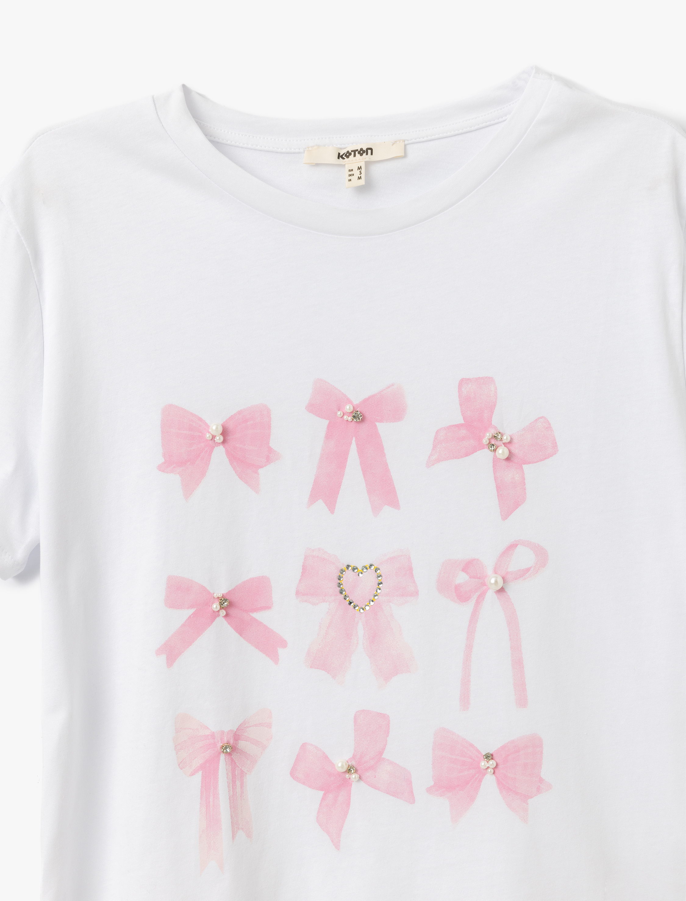   Fiyonk Baskılı Boncuk Detaylı Pamuklu Bisiklet Yaka Kısa Kollu Tişört