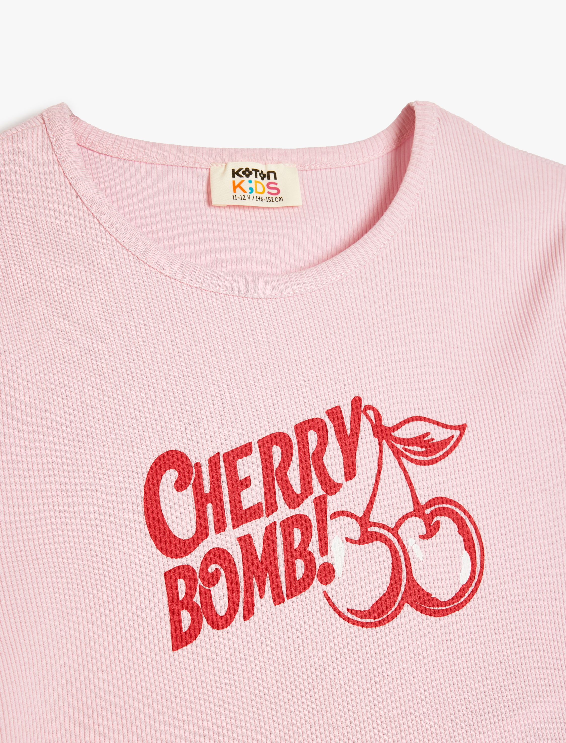  Kız Çocuk Kiraz Baskılı Kısa Kollu Bisiklet Yaka Pamuklu Crop Tişört