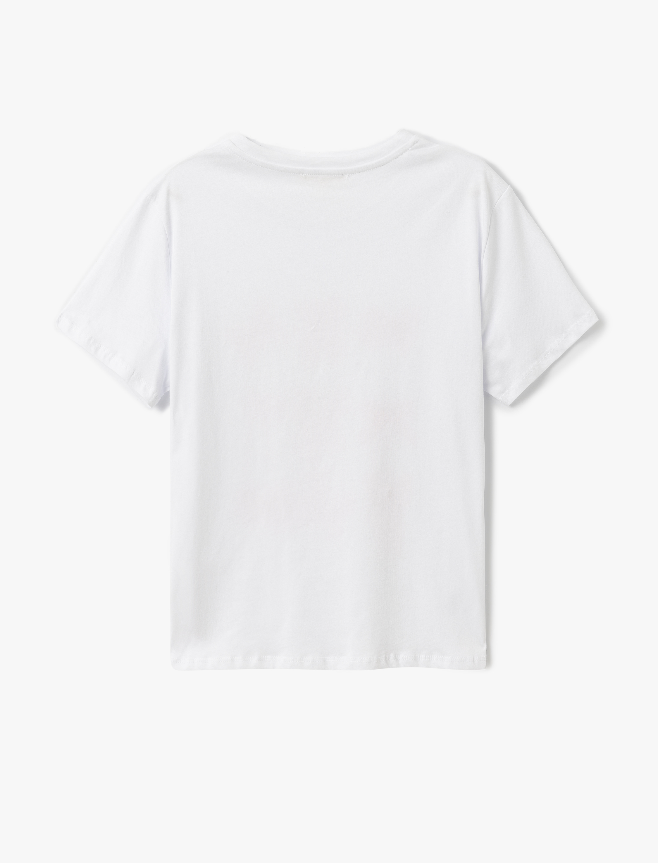   Fiyonk Baskılı Boncuk Detaylı Pamuklu Bisiklet Yaka Kısa Kollu Tişört