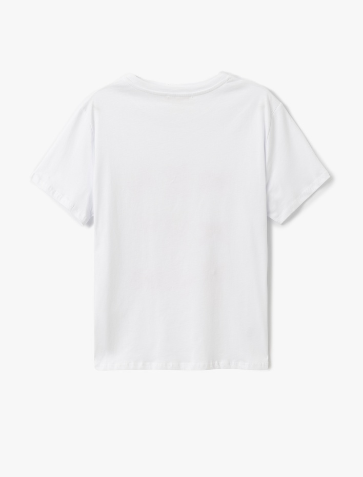  Fiyonk Baskılı Boncuk Detaylı Pamuklu Bisiklet Yaka Kısa Kollu Tişört