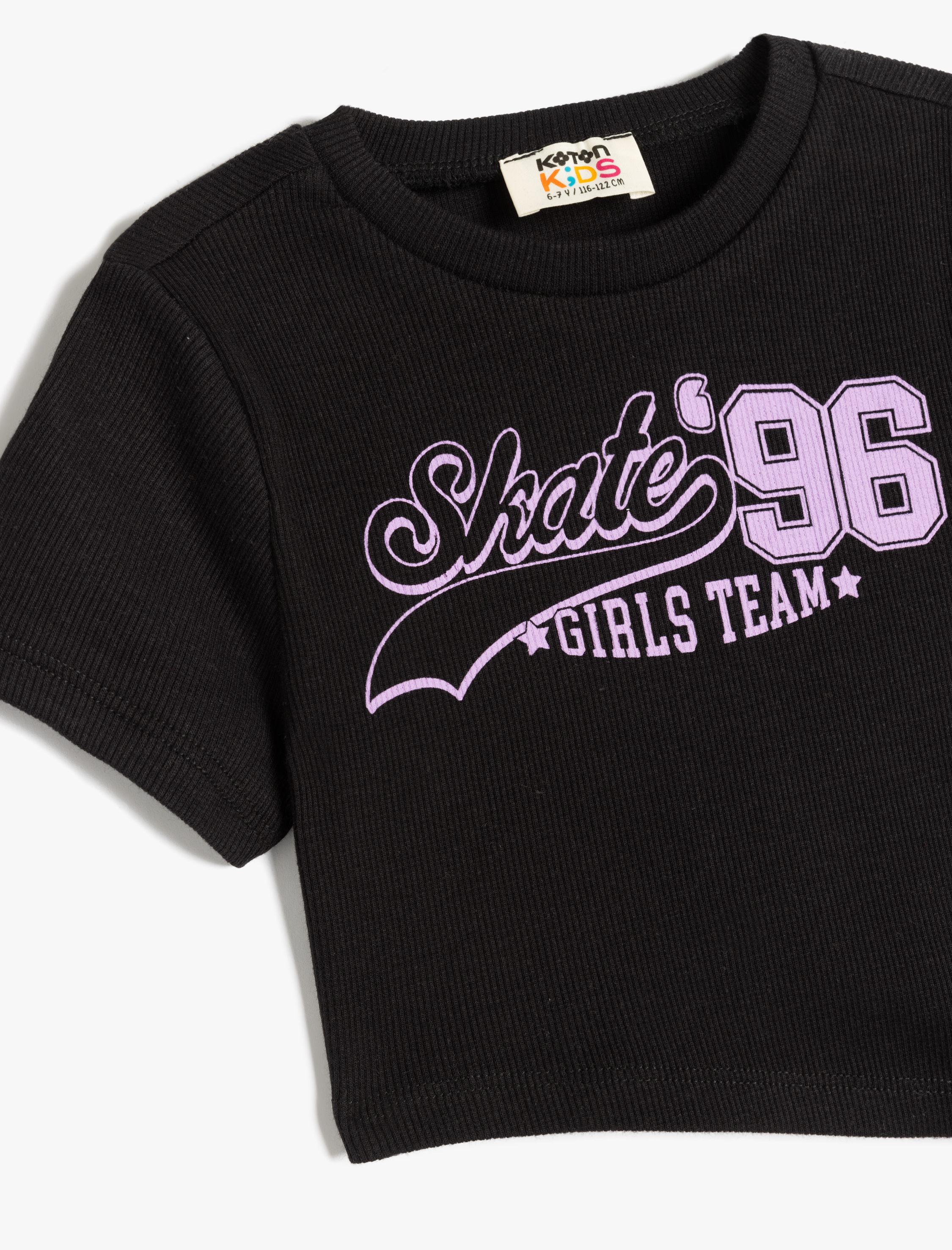  Kız Çocuk Slogan Baskılı Asimetrik Kesim Bisiklet Yaka Pamuklu Kısa Kollu Crop Tişört