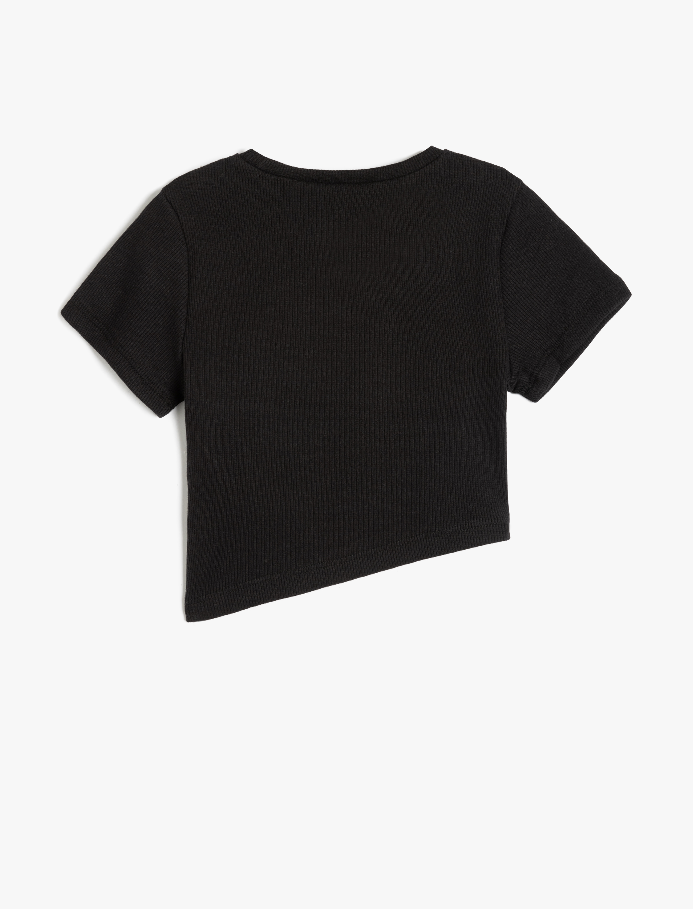  Kız Çocuk Slogan Baskılı Asimetrik Kesim Bisiklet Yaka Pamuklu Kısa Kollu Crop Tişört