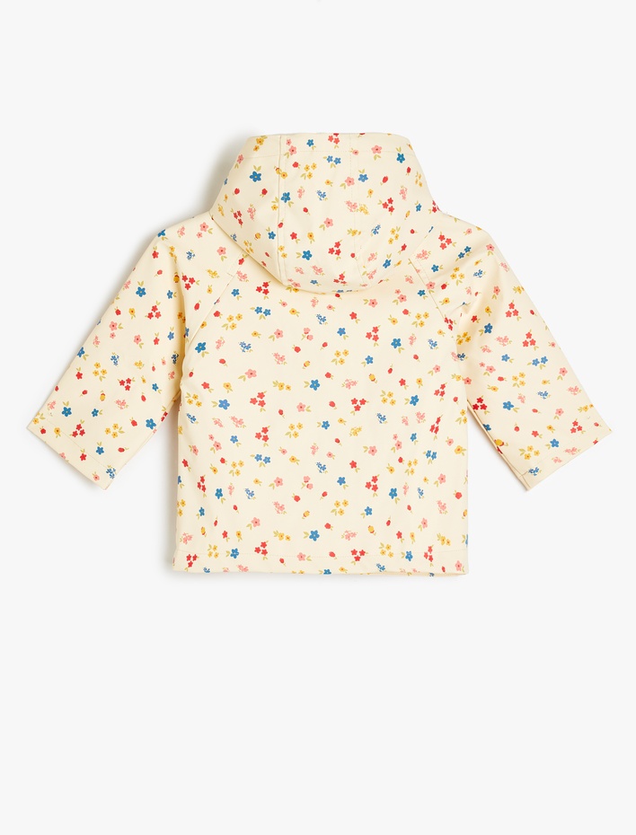 Kız Bebek Çiçek Desenli Uzun Kollu Cep Detaylı Kapşonlu Yağmurluk